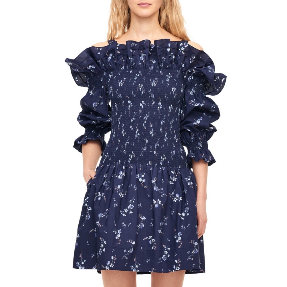 Rebecca Taylor Francine Off Shoulder Floral Dress Navy Blue Size 2